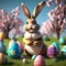 Easter Bliss: Pixar Art Style 3D Rendered Bunny Amidst Colorful Easter Eggs