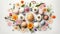 Easter Blooms & Colorful Quail Eggs on White Surface: A Top View Display