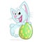 Easter blue bunny with easter colored egg. Vector illustration of a blue rabbit holding Easter colored egg