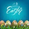 Easter blue illustration, eggs with a beautiful pattern in the grass with flowers