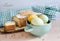 Easter boiled eggs in a cake plate, towel