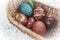 Easter boiled eggs of different colors dyed with onion peel and paint in wicker basket. Vegetable patterns on the shell