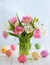 Easter bouquet of tulips and Easter eggs