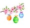 Easter branch - colored eggs, flowers. Spring floral twig, watercolor