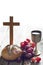 Easter bread wine and cross on vintage old wooden background