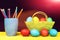 Easter bright composition holding painted Easter eggs and coloured crayons