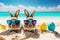 Easter bunnies celebrate with colorful Easter eggs on a sand beach. Travel holidays. Generative AI
