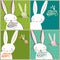 Easter bunnies, Easter eggs. Four greeting card.