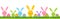 Easter bunnies on green grass with colored eggs. Festive spring banner poster