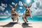 Easter bunnies swiming and having fun. Turquoise sea beautiful blue sky. AI Generated