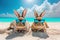Easter bunnies with trendy sunglasses on a sand beach. Travel holidays vacation. Generative AI