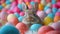 Easter bunny amidst pink and blue egg abundance.