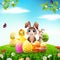 Easter Bunny with baby chicks and duckling on a meadow