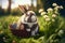 Easter bunny with a basket full of ornate eggs on a green lawn, sunny day. Generative AI