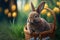 Easter bunny with a basket full of ornate eggs on a green lawn, sunny day. Generative AI