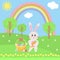 Easter bunny with basket of painted eggs on the meadow. Sunny spring landscape with rainbow, trees, dandelions and daisies. Happy