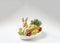 Easter bunny bread on a white ceramic dish with baby tomatoes and cabbage, Easter holiday food, generative AI