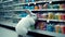 Easter bunny buys vibrantly Easter eggs in the supermarket