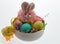 Easter Bunny, Chick, and Hand Dyed Eggs in White Bowl with Shred
