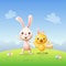 Easter bunny and chicken with basket and decorated eggs celebrate Easter - spring landscape background