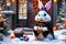 Easter Bunny Clad in a Halloween Witch Costume: Sitting Amidst Christmas Decor, Surrounded by Snow Dust and Festive Magic