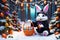 Easter Bunny Clad in a Halloween Witch Costume: Sitting Amidst Christmas Decor, Surrounded by Snow Dust and Festive Magic