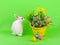 Easter - bunny, colored eggs and flowers on green