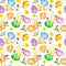 Easter bunny, colored eggs, flowers. Seamless pattern. Watercolor