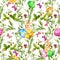Easter bunny with colored eggs in grass, flowers, butterflies. Seamless floral easter pattern with egg hunt. Watercolor