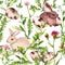 Easter bunny, colored eggs in grass and flowers. Repeating floral easter background. Watercolor