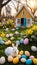 Easter Bunny and Colorful Eggs in Garden with Playhouse in Background