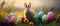 easter bunny with colorful eggs and trees on a wooden bench in spring weather.