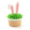 Easter bunny cupcake isolated on white. Funny ears from grass