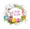 Easter bunny with decorating eggs, branches, spring leaves, feathers. Vintage wreath. Watercolor with text Happy Easter