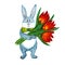 Easter Bunny dressed in a bow-tie, with a large bouquet of tulips.