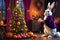 Easter Bunny Dressed in a Halloween Witch Costume Decorating a Christmas Tree: Vivid Colors Digital Extravaganza