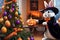 Easter Bunny Dressed in a Halloween Witch Costume: Placing Gifts Under a Brightly Lit Christmas Tree in a Whimsical Celebration