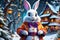 Easter Bunny Dressed in a Whimsical Halloween Costume: Surrounded by an Enchanted Christmas Setting