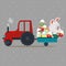 Easter bunny drive car with truck, decorated eggs hunter cute white rabbit auto driver hunting, happy holiday vector