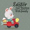 Easter bunny drive motorcycle, decorated eggs hunter hare carries a baskett, cute white rabbit auto driver hunting