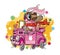 Easter bunny driving pink car with spring flowers