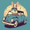 easter bunny driving vintage car delivering eggs cartoon style Generative AI