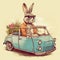 easter bunny driving vintage car delivering eggs cartoon style Generative AI