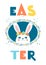 Easter Bunny ears. Easter poster and banner template with easter bunny. Greetings and presents for Easter Day in flat lay styling