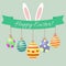 Easter bunny ears, green ribbon and Easter eggs. Congratulations Happy Easter.