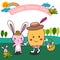 Easter bunny with easter egg.happy Easter Day card with smiling egg holding hand with rabbit and holding colourful eggs basket wal