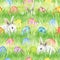 Easter Bunny with Easter Eggs in Green Fresh Grass. Seamless pattern. Watercolor illustration