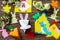 Easter bunny, Easter eggs and other Spring festive childrens paper craft. Handmade. Project of childrens creativity.