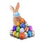 Easter Bunny or Easter Rabbit scared of Coronavirus or Covid-19 pandemic with surgical mask hiding and peeking behind a pile of