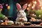 Easter bunny eating tasty sushi , restaurant background